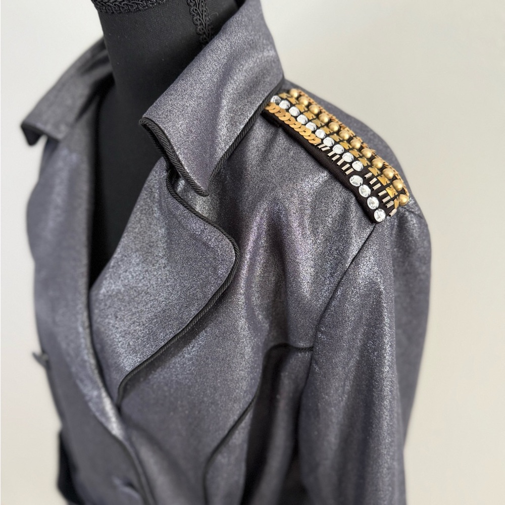 Sharif Couture Metallic Trench Coat Studded Y2K Glam Statement Jacket